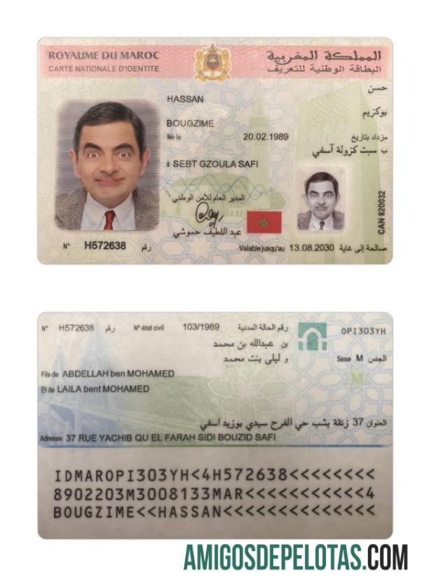 Bilhete de Identidade Nacional de Marrocos 2020 Presente exemplo